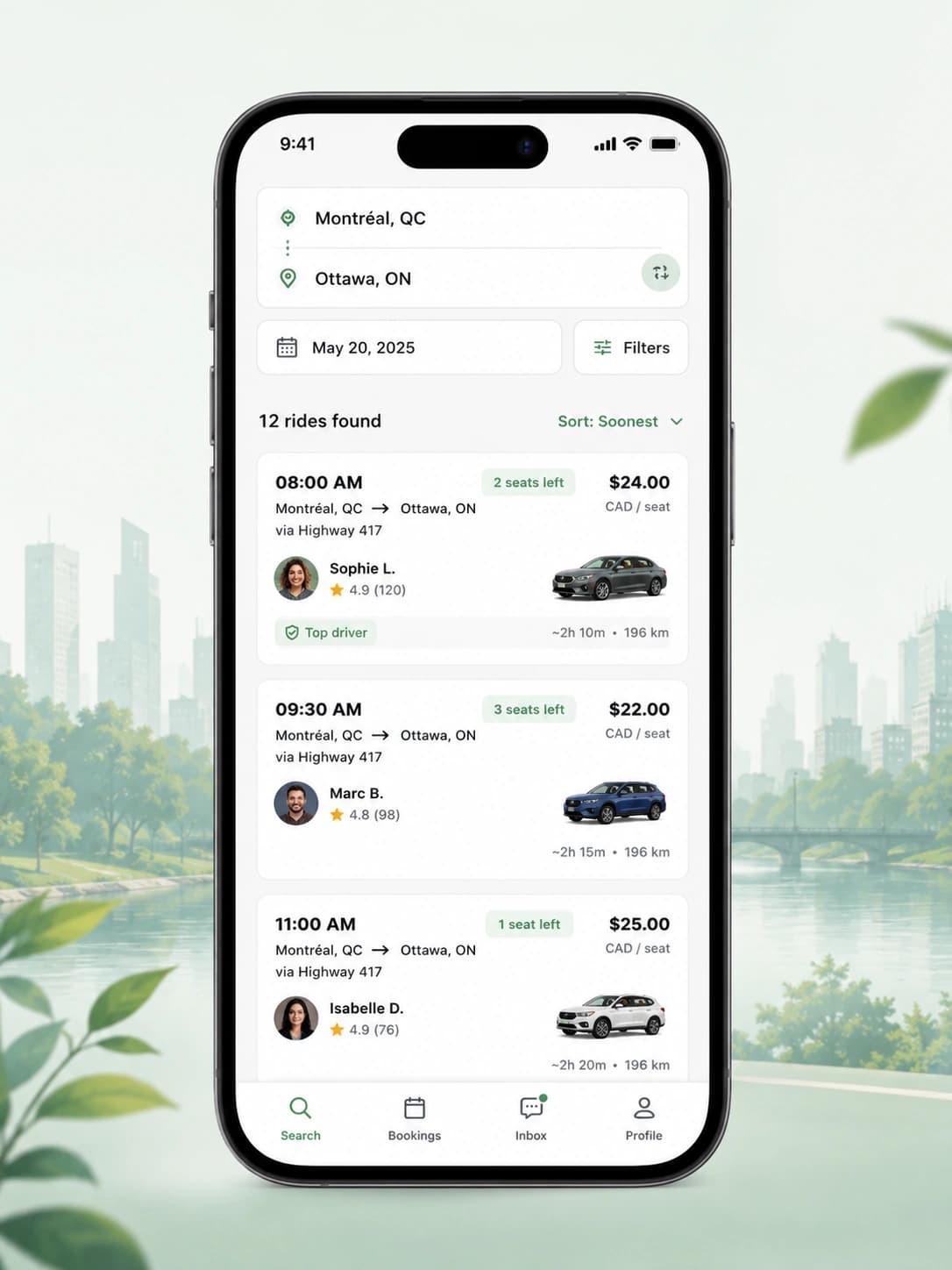 CapitalCommute ride search results on a mobile phone